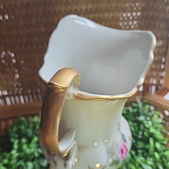 Vintage Porcelain Floral Pitcher Vase With Gold Tone Accent Coquette Bridal - Picture 8 of 17
